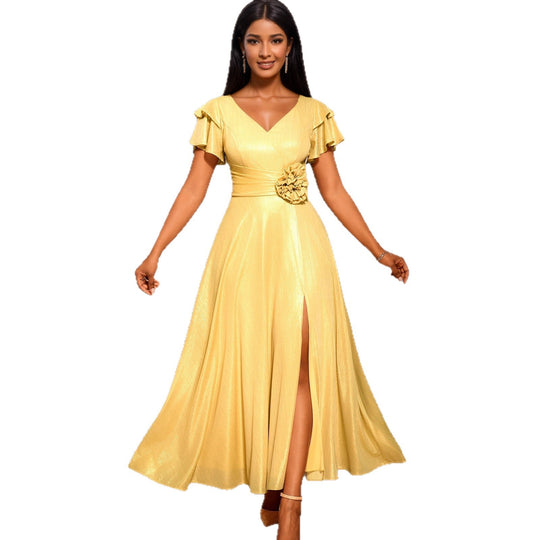 Damen glamouröses Abendkleid mit elegantem V-Ausschnitt und voluminösen Rüschensäumen EB