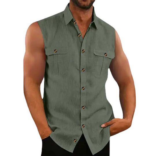 Herren ärmelloses Chambray-Hemd mit Brusttaschen und Knopfdetails EB
