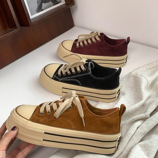 Damen modische Plateau-Sneaker mit samtiger Oberfläche und elastischem Schnürsystem EB