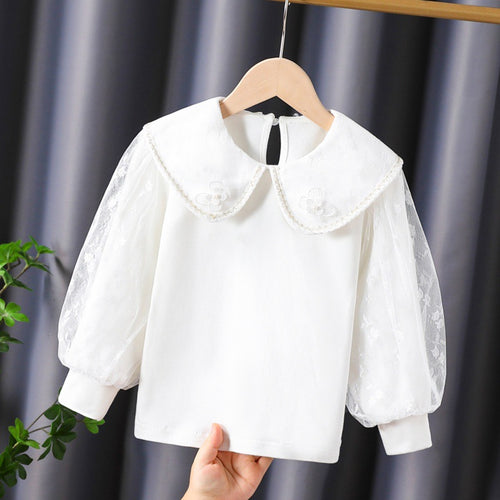 Damen Bluse mit dekorativen Blumenapplikationen und transparenten Puffärmeln EB
