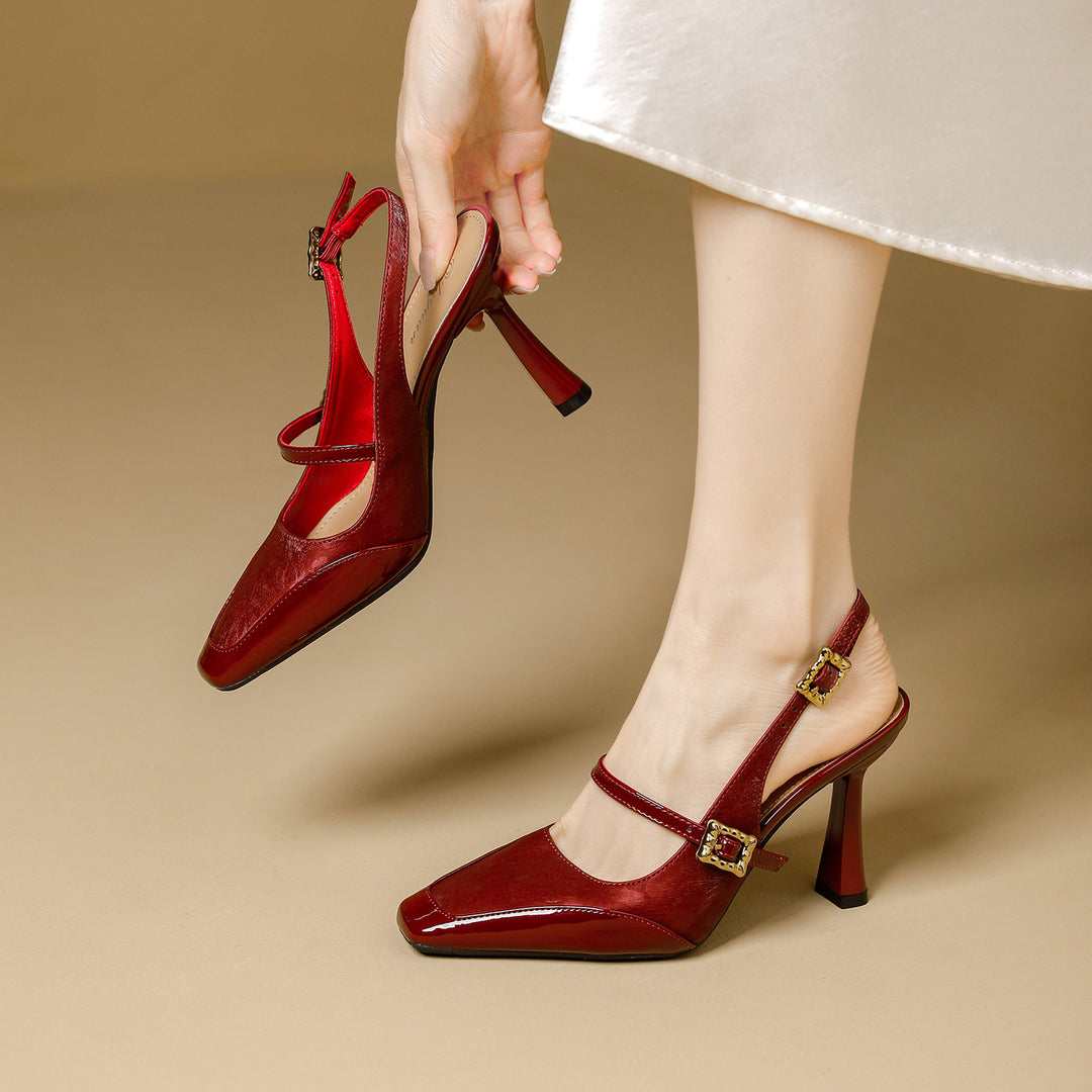 Damen Slingback-Pumps mit eleganter Quadratischer Spitze und glänzendem Riemendesign EB