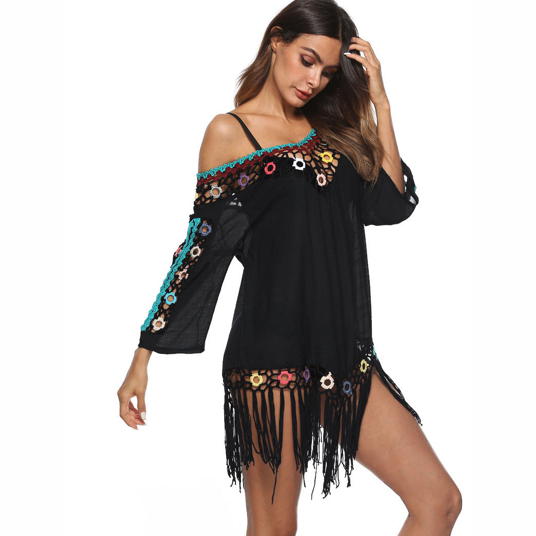 Damen Elegante Häkel-Strandtunika mit fransigen Details und bunten Applikationen EB