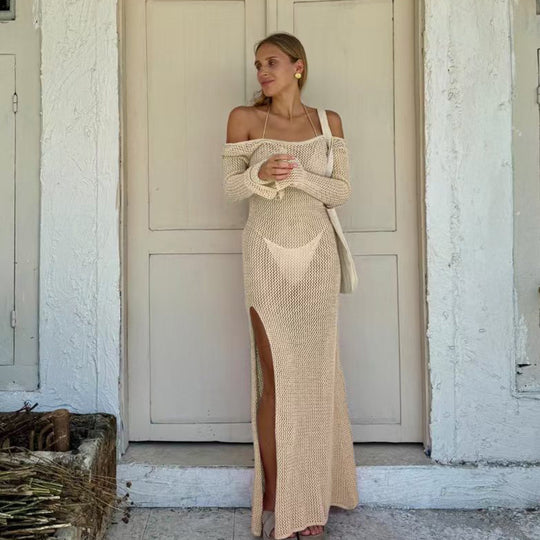 Damen luftiges Häkel-Maxikleid mit schulterfreier Optik und hohem Schlitz EB