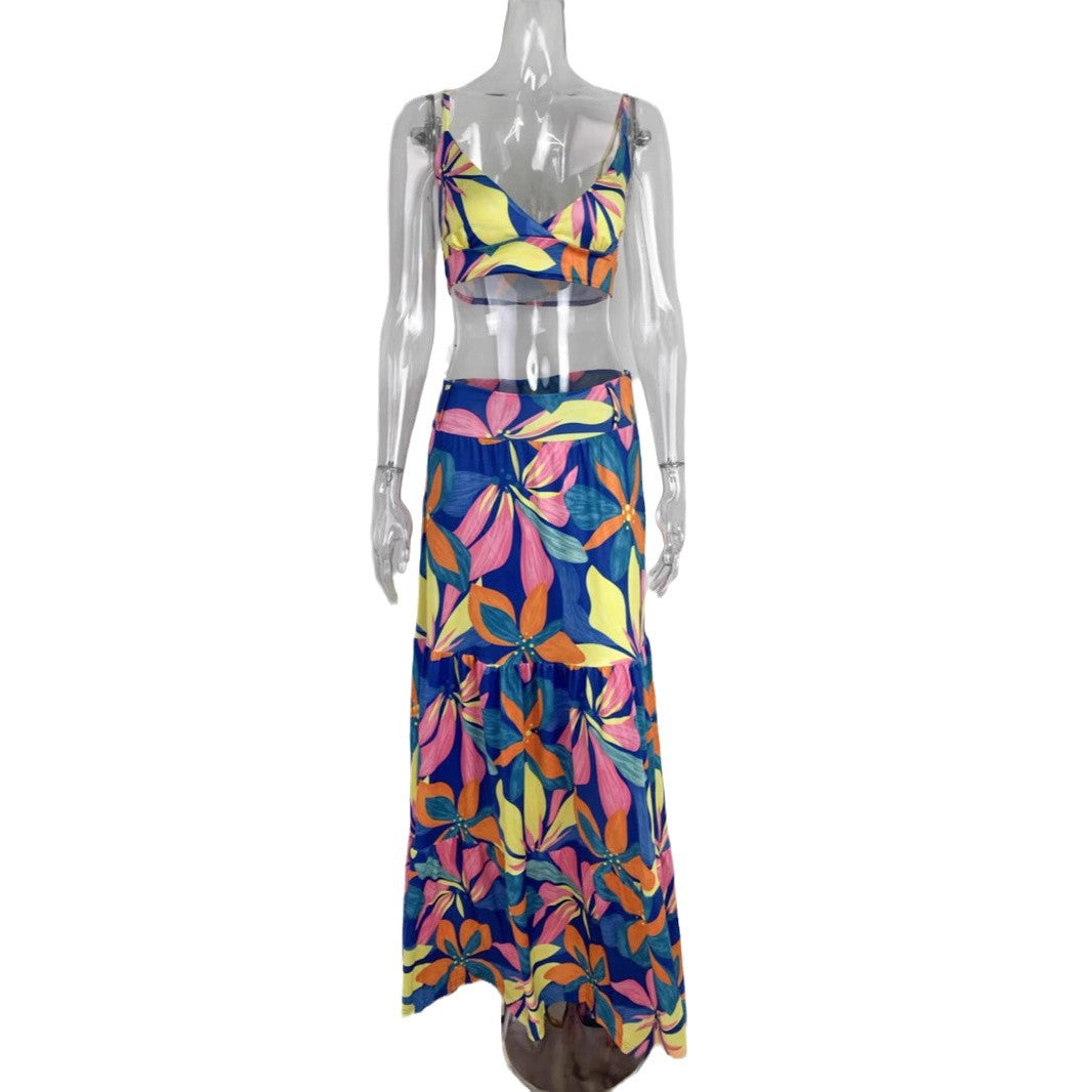 Damen Maxikleid mit floralem Design und verziertem V-Ausschnitt EB