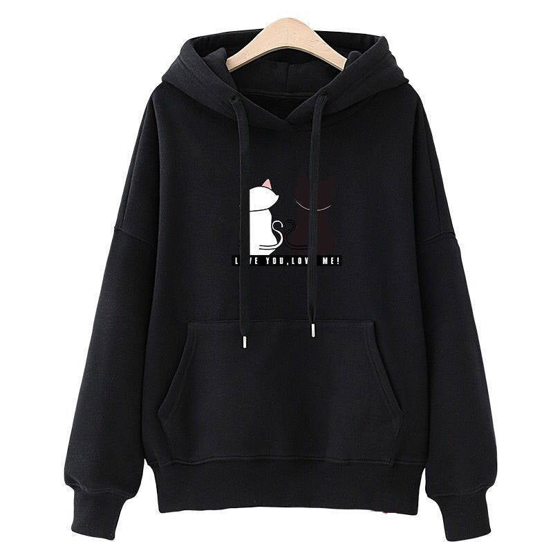 Damen Kapuzenpullover mit Katzen-Print, lockerem Schnitt und Kängurutasche EB