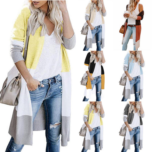 Damen langer Strickmantel mit modernen Farbblock-Details EB
