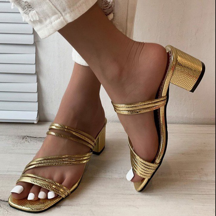 Damen nan elegante Mehrfachriemen-Mule mit mittelhohem Blockabsatz und Schlangenprägung EB