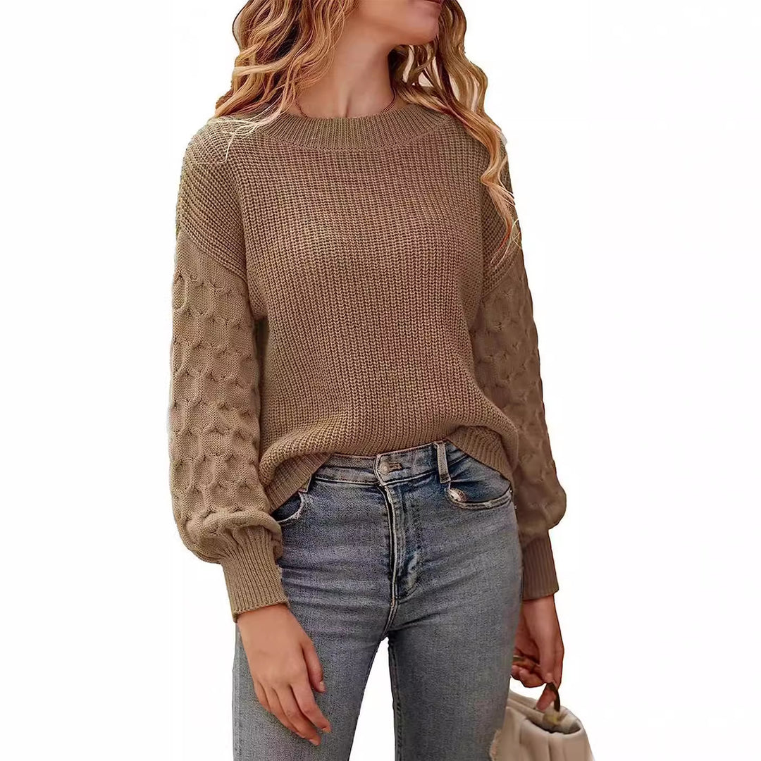Damen modischer Strickpullover mit strukturierten Ärmeln und Rundhalsausschnitt EB
