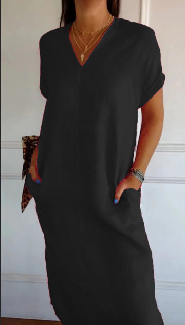 Damen lässiges V-Ausschnitt Kleid mit praktischen Taschen EB