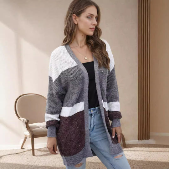 Damen lockere Strickjacke mit modischem Streifenmuster EB