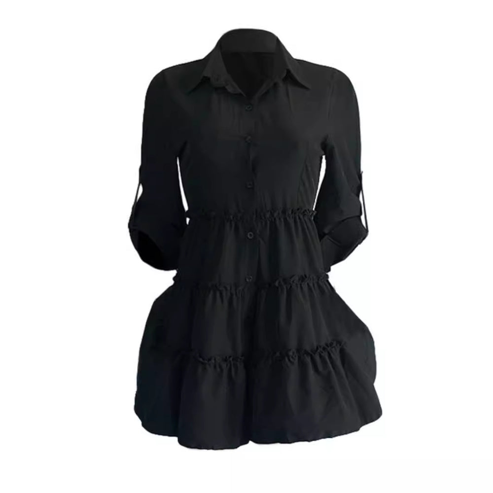 Damen Hemdblusenkleid mit voluminösem Saum und langen Ärmeln EB
