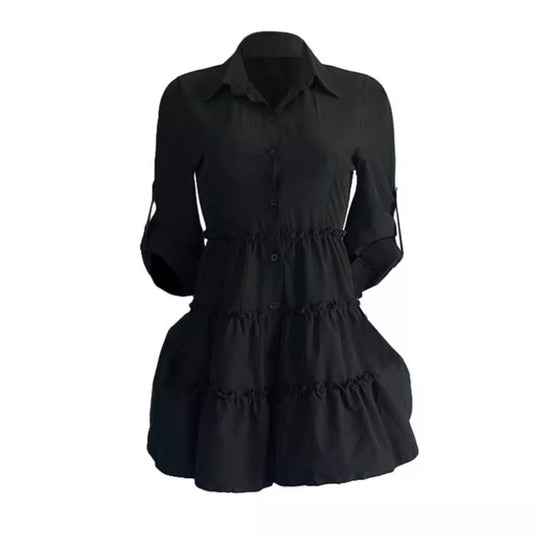 Damen Hemdblusenkleid mit voluminösem Saum und langen Ärmeln EB