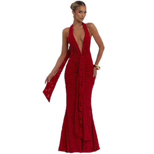 Damen Elegantes Maxikleid mit tiefem V-Ausschnitt und strukturierter Raffung EB