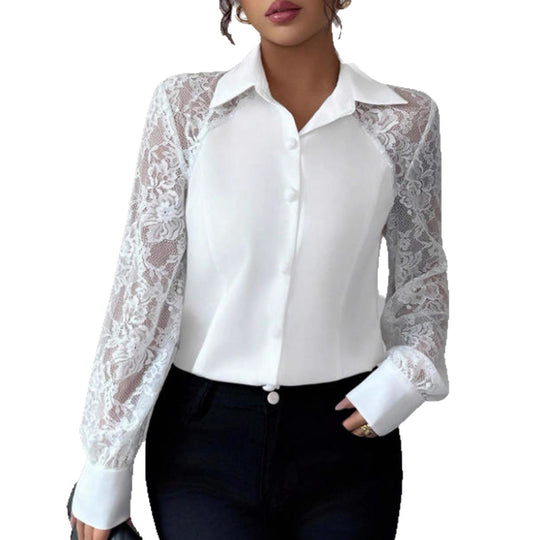 Damen Elegante Bluse mit Spitzeneinsätzen und Hemdkragen EB