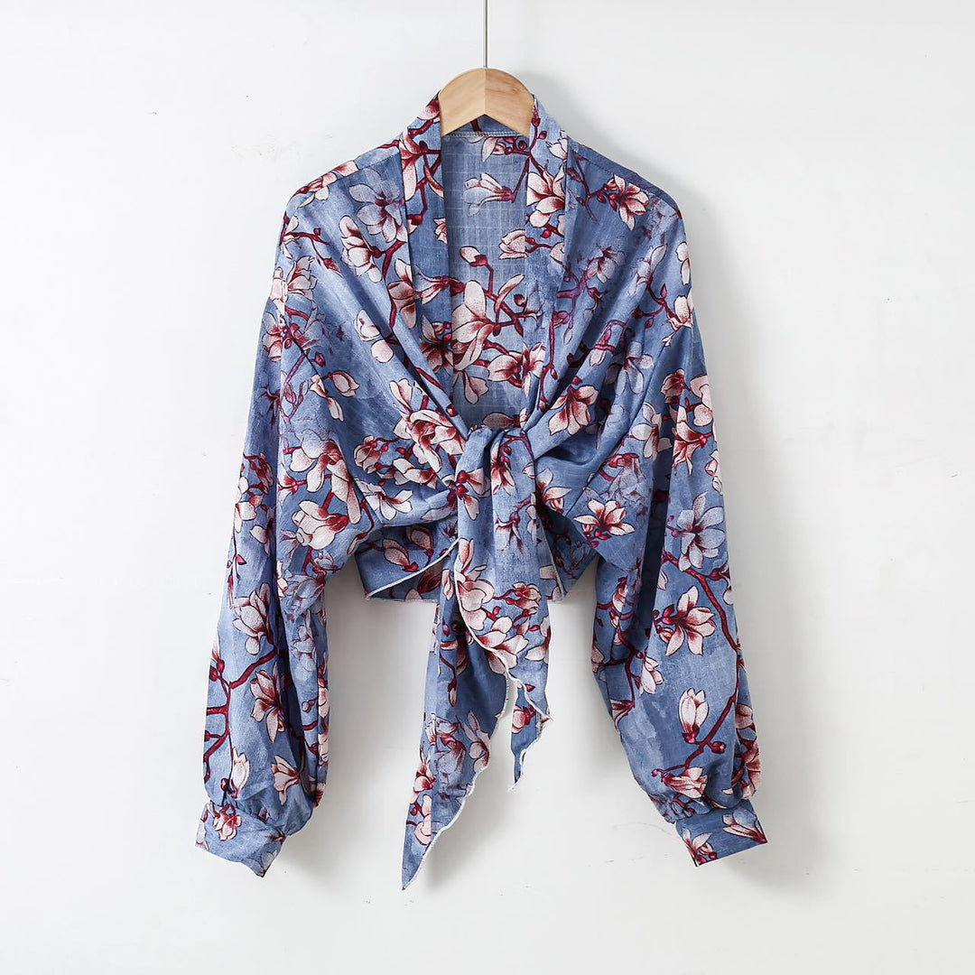Damen nan florale Knoten-Bluse im Wickelstil mit Ballonärmeln und leichter Leinenoptik EB