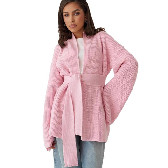 Damen Strickjacke mit Bindegürtel und weit geschnittenen Ärmeln EB