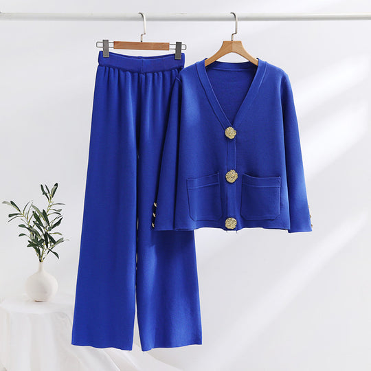 Damen elegantes Strick-Loungewear-Set mit weiten Bein und schönen Knöpfen EB