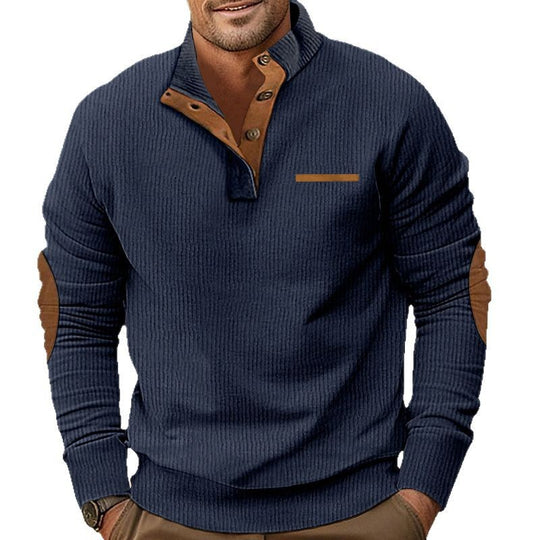 Herren nan strukturiertes Halbknopf-Stehkragen-Pullover mit Wildleder-Ellbogenpatches EB
