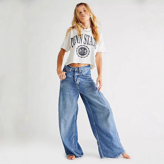 Damen nan extraweite High‑Waist Palazzo-Jeans aus Denim mit rohem Saum und Vintage-Waschung EB