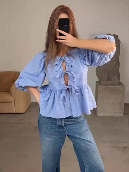 Damen Bluse mit raffinierten Schleifen und voluminösen Ärmeln Heidi-Mode