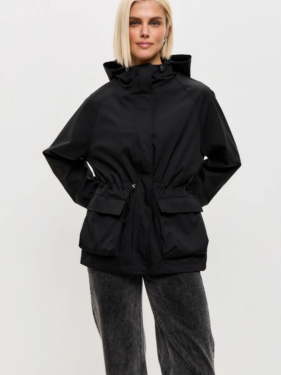 Damen wasserdichte Parka-Jacke mit Kapuze, Tunnelzugtaillierung und XXL-Klappentaschen Eichborn Berlin