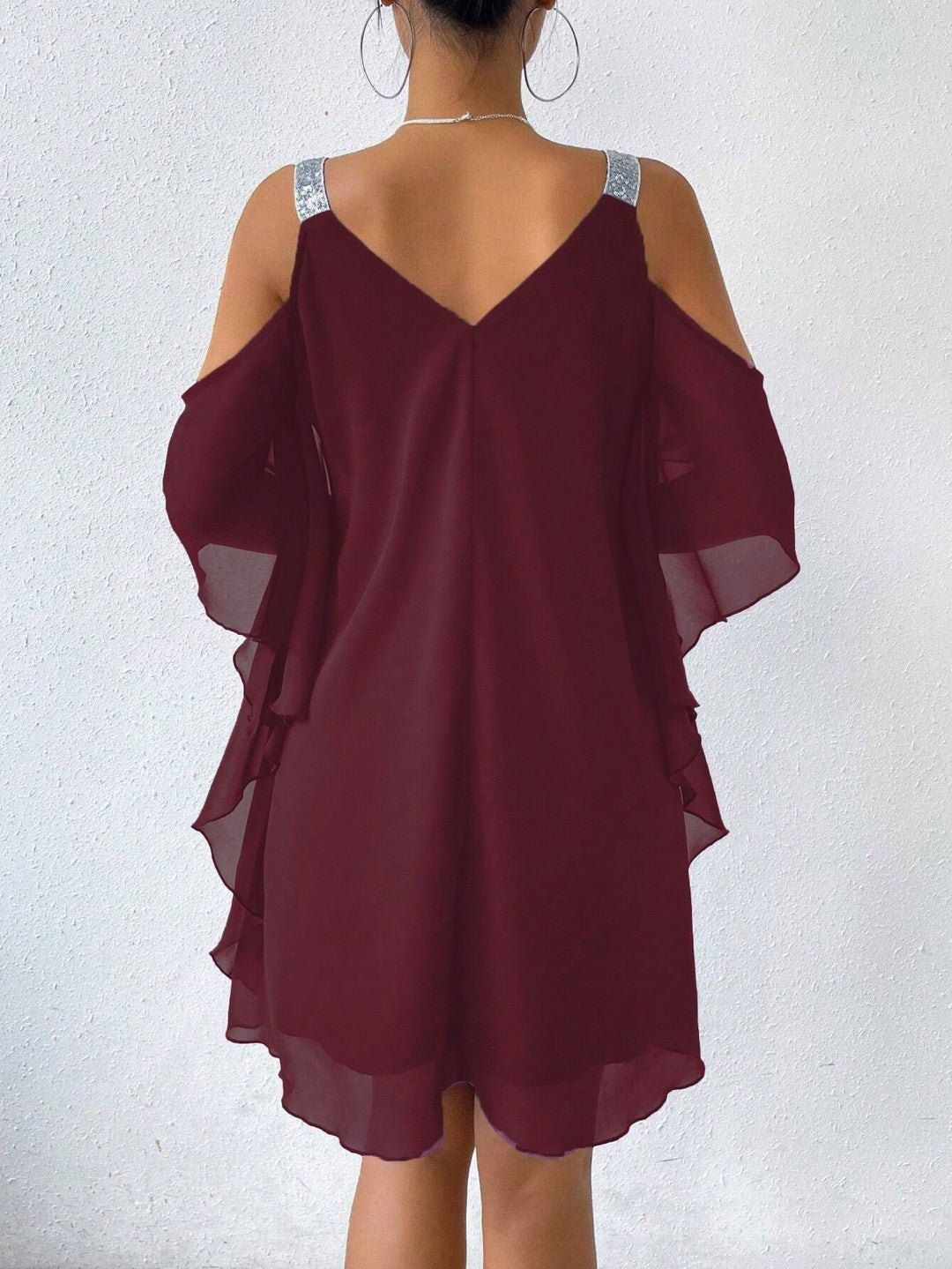 Damen schulterfreies Flatterkleid mit glitzernden Trägern EB