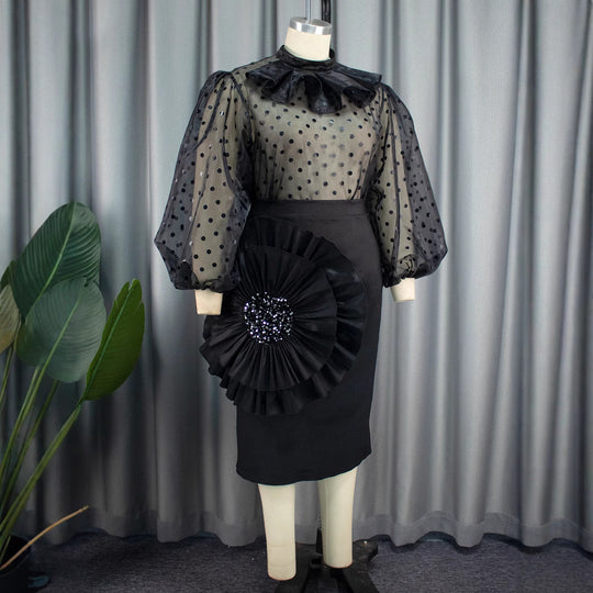Damen Elegantes Kleid mit transparenten Puffärmeln und Rüschenakzent EB
