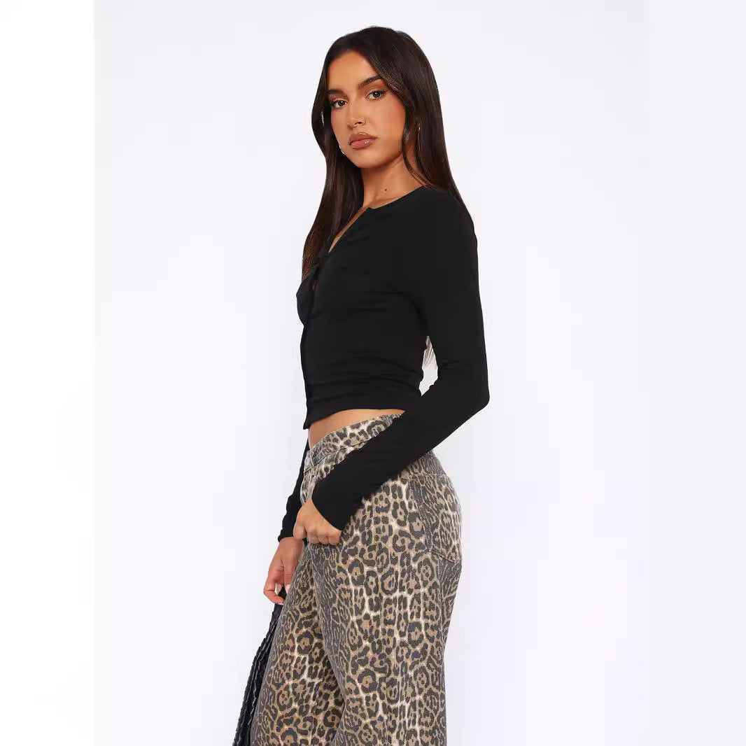 Damen figurbetontes Langarmshirt mit Knopfleiste EB