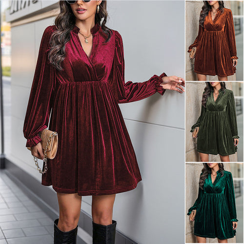 Damen elegantes Samtkleid mit tiefem V-Ausschnitt und Puffärmeln EB