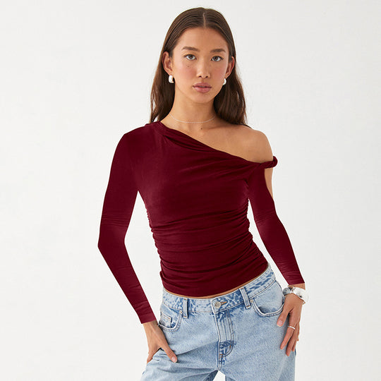 Damen Elegante asymmetrische Bluse mit langen Ärmeln und Raffung EB