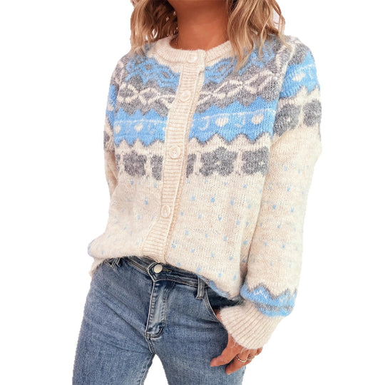 Damen gemütliche Strickjacke mit blauen Mustern und Knopfverschluss EB