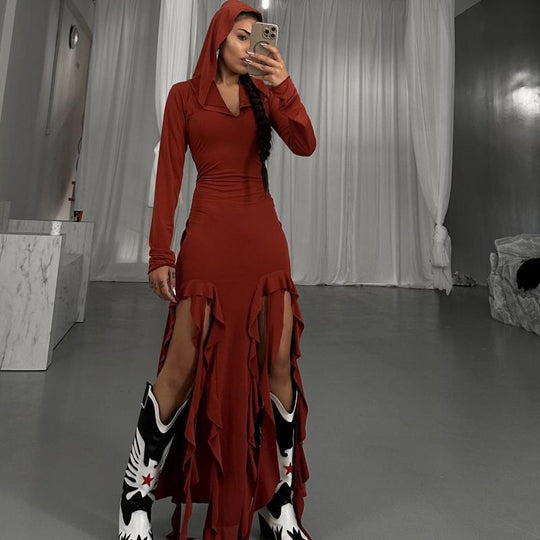 Damen Langarm Maxikleid mit Kapuze und Rüschendetails EB