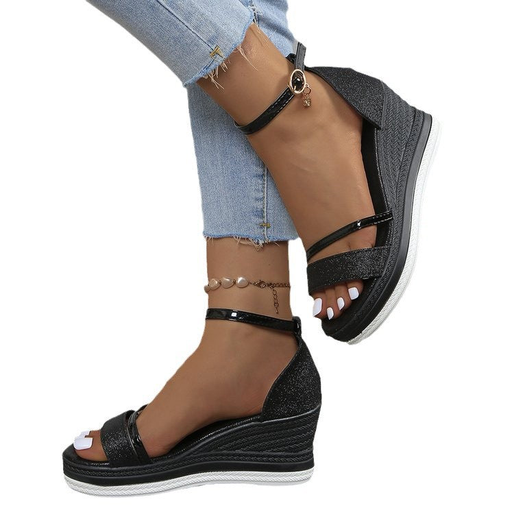 Damen Wedge-Sandalen mit glitzerndem Riemen und verstellbarem Fesselriemen EB