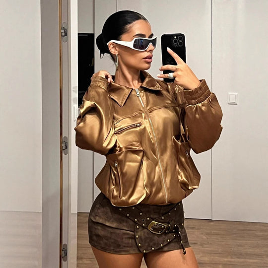 Damen Bomberjacke im glänzenden Satin-Look mit seitlichen Reißverschlusstaschen EB