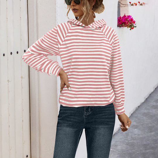 Damen gestreifter Kapuzensweater mit lässigem Schnitt und Raglanärmeln EB