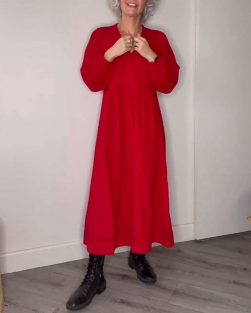 Damen Maxikleid mit elegantem V-Ausschnitt und bequemen langen Ärmeln EB