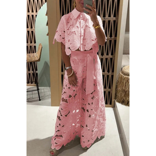 Damen Zweiteiliges Spitzen-Set mit Blumenstickerei und Palazzohose EB