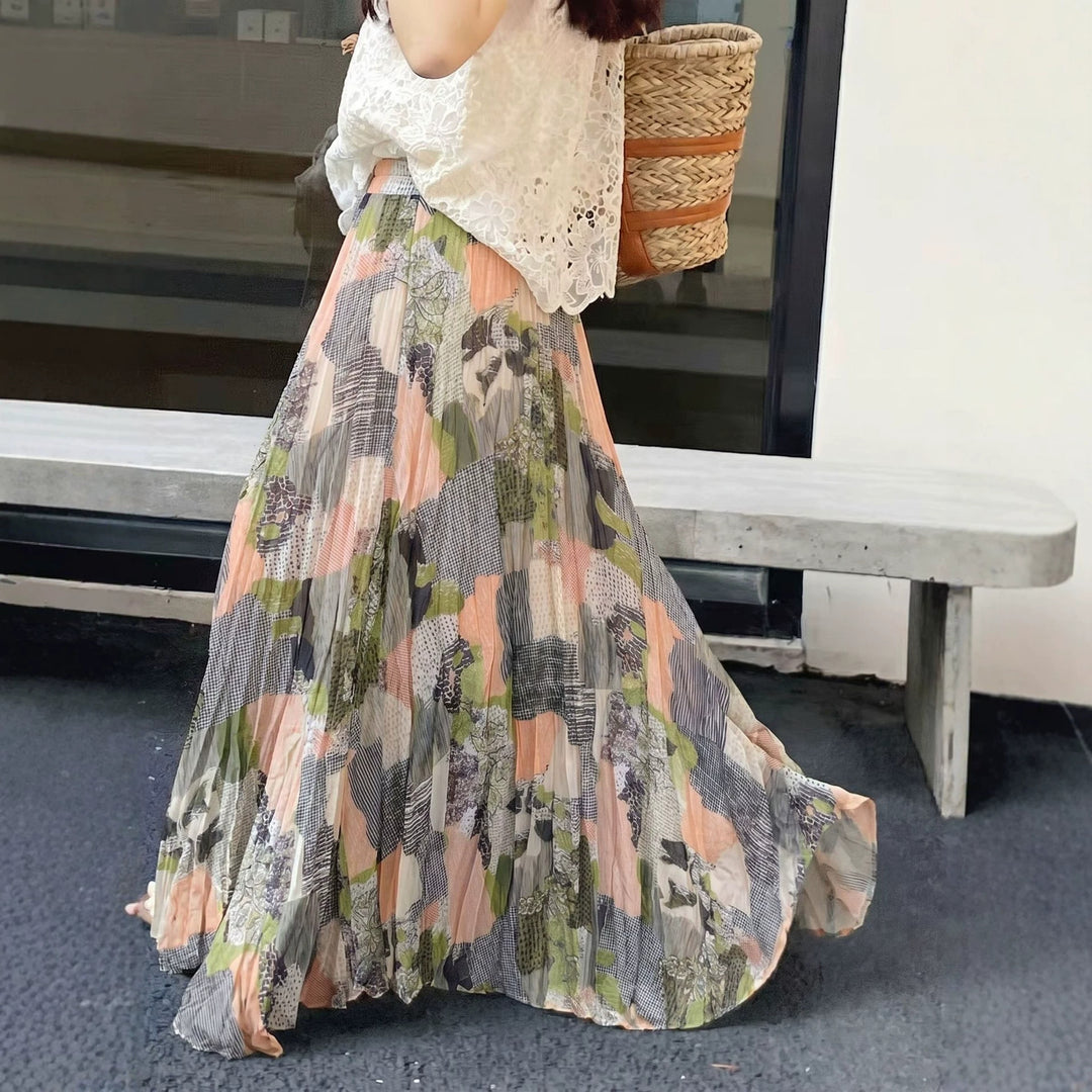 Damen  fein gefalteter Midirock mit Vintage Blumenprint und elastischem Taillenbund EB