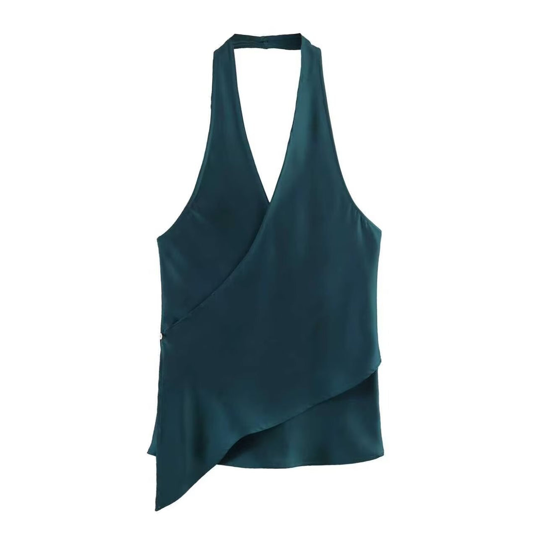 Damen elegantes Haltertop mit asymmetrischem Schnitt und schimmerndem Satinfinish EB