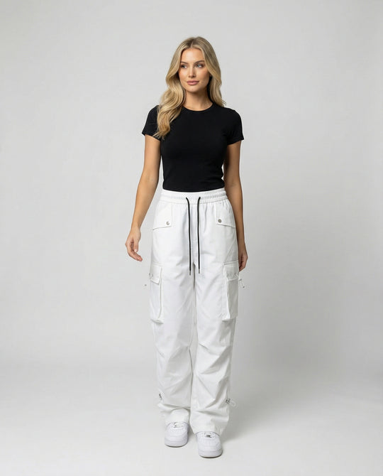Damen nan weite Cargo-Hose mit elastischem Bund, großen Klappentaschen und verstellbarem Saum EB