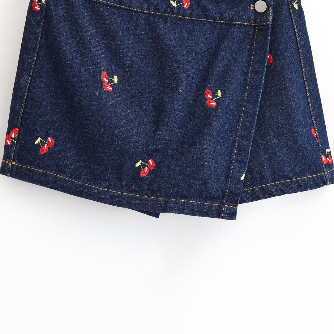 Damen Jeansrock mit verspielter Kirschstickerei und dekorativem Schnitt EB