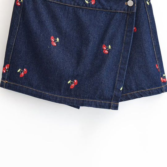Damen Jeansrock mit verspielter Kirschstickerei und dekorativem Schnitt EB