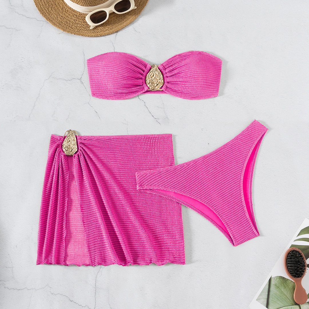 Damen Bandeau-Bikini-Set mit eleganten Falten und dekorativem Verschluss EB