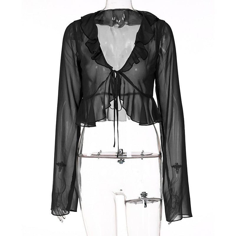 Damen Transparente Langarmbluse mit Rüschen und Bindegürtel EB