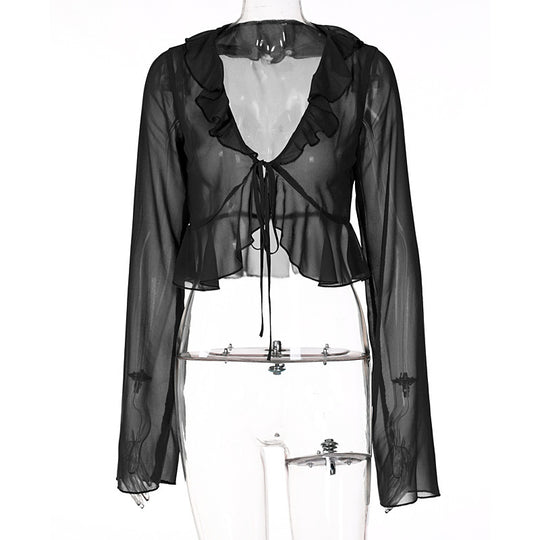 Damen Transparente Langarmbluse mit Rüschen und Bindegürtel EB