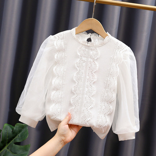 Mädchen elegante Bluse mit romantischem Spitzenbesatz EB