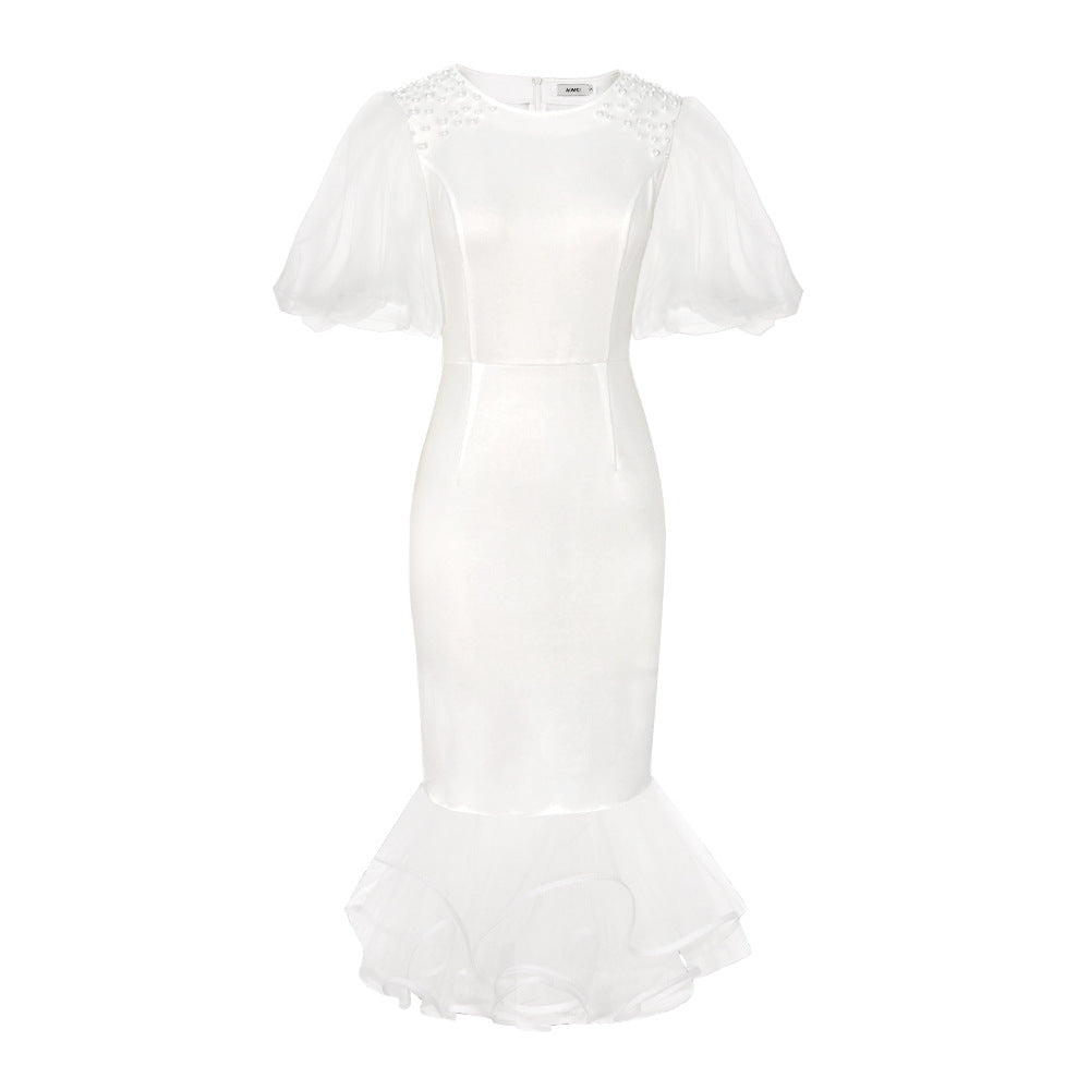 Damen elegantes figurbetontes Kleid mit Tüllärmeln und Rüschenabschluss EB