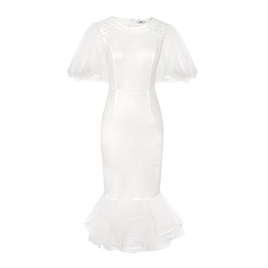Damen elegantes figurbetontes Kleid mit Tüllärmeln und Rüschenabschluss EB