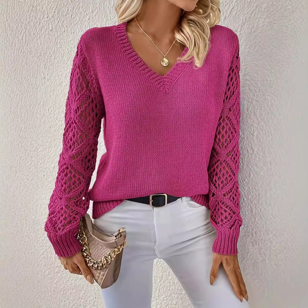 Damen Eleganter Strickpullover mit V-Ausschnitt und gehäkelten Ärmeln EB