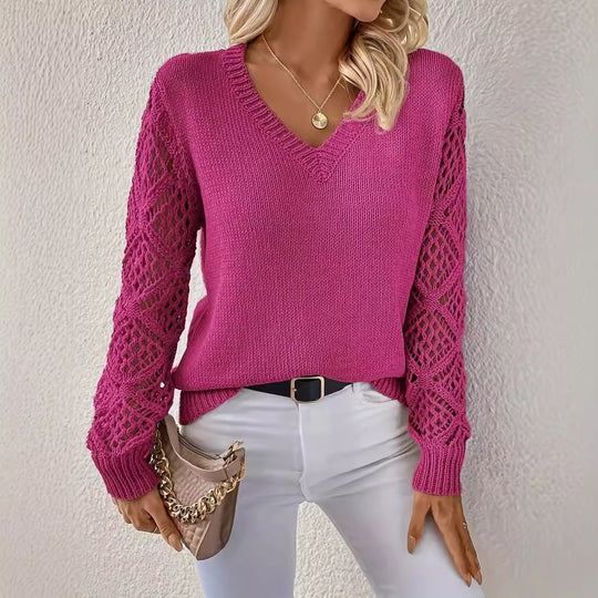 Damen Eleganter Strickpullover mit V-Ausschnitt und gehäkelten Ärmeln EB
